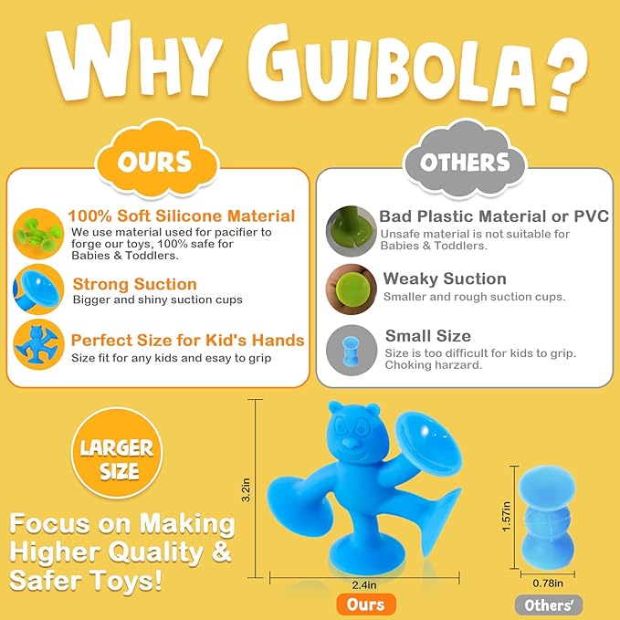 Suction Cup Toys for Toddlers 1-3, Guibola 6 PCS | No Hole Bath Toy for Baby Kids, Silicone | Suction Cup Bath Toys | Sensory Window Building Toys for Boys Girls - Larger Size
