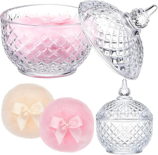 Tioncy 3 Pcs Large Body Powder Puff and Container Birthday Gift for Women, Soft Velour Face Body Glitter Puff with Crystal Glass Case, Wet Dry Makeup, Washable Reusable (multi-faceted Cut, Clear)