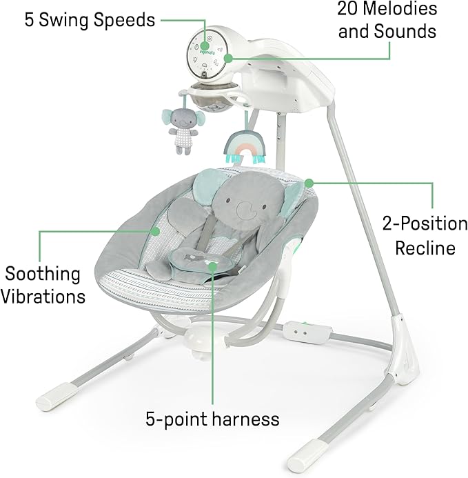 Ingenuity InLighten 5-Speed Baby Swing - Swivel Infant Seat, 5 Point Safety Harness, Nature Sounds, Lights - Van Elephant