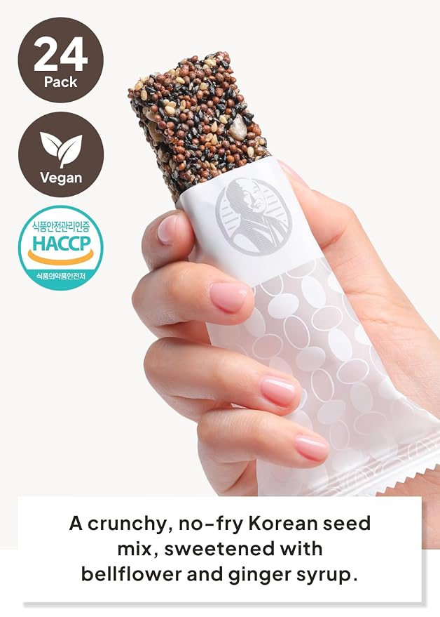 Korean Food Vegan Sesame Snack Bar Black Sesame & Perilla Seeds 0.35oz 24Ct | Vegan snack bars with black sesame, perilla seeds, bellflower, ginger, and rice syrup in 24-count packs
