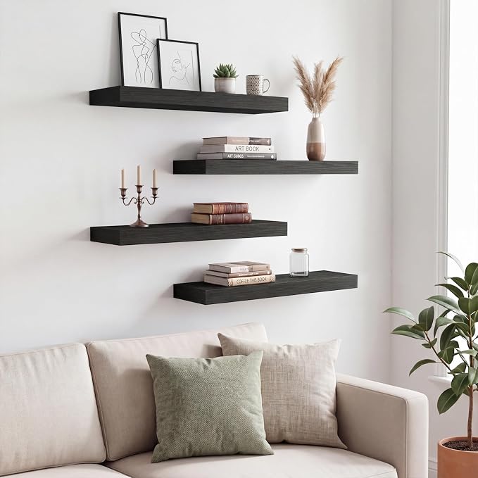 Fixwal Black Floating Shelves for Wall, Rustic Wood Shelves for Bathroom, Living Room, Bedroom and Kitchen, Wall Shelves for Storage, Books, Room Decor (Set of 4, 15.7 Inch)