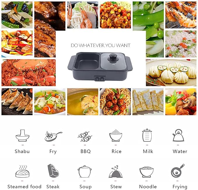 Hot Pot with Grill,2 in 1 Indoor Non-Stick Electric Hot Pot and Frying Pan,Independent Temperature Control,Portable Multifunctional Smokeless Korean BBQ Grill for 1-2 People (Black)