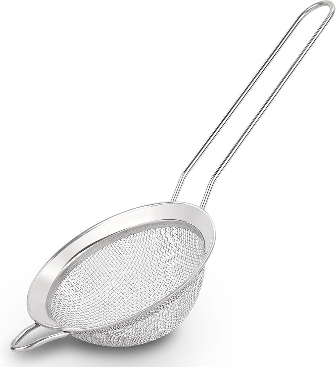 D Fine Mesh Strainer, Stainless Steel Sieve Sifter with Handle, Small Metal Strainer for Loose Tea, Juice, Drink, Herbs, Mini Sifter for Flour, Matcha, Kitchen, Baking, 3-Inch (10x3, Silver)
