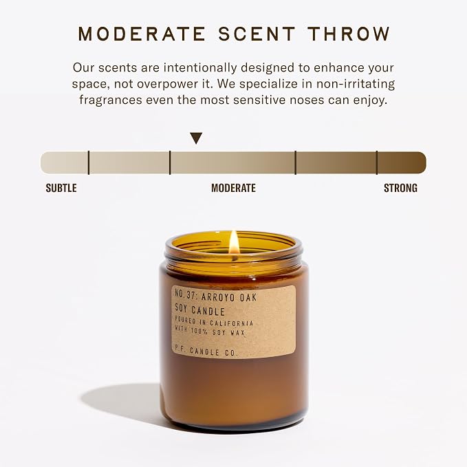 P.F. Candle Co. Arroyo Oak Classic Standard Scented Soy Wax Candle (7.2 oz) 40-50 Hour Burn Time, Amber Glass Jar, Made in The U.S.A.