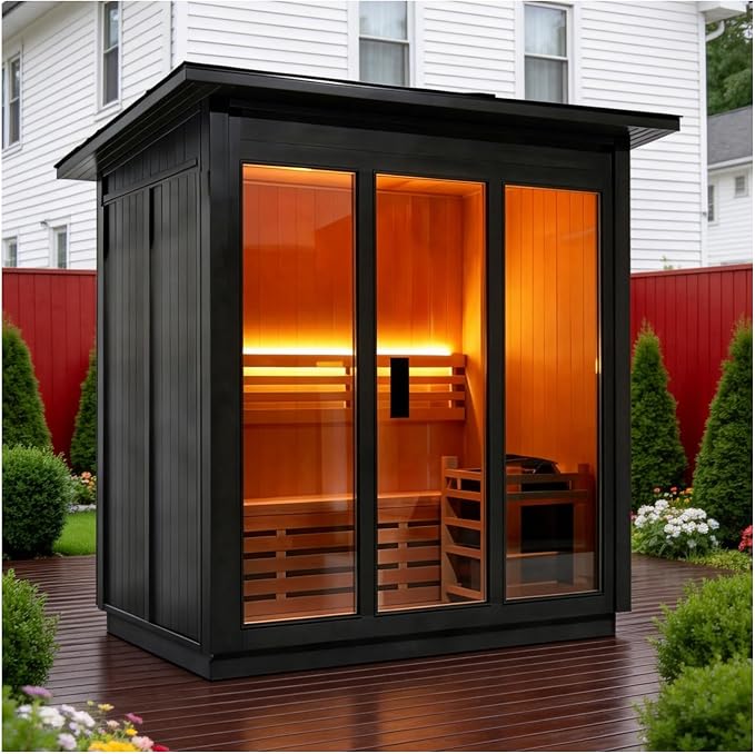 Outdoor Steam Sauna for 3 Person, Canadian Red Cedar Sauna Room with 6KW ETL Toule Heater, Traditional Backyard Sauna Spa with Asphalt Shingles, Luxurious Sauna Accessories for Home & Garden