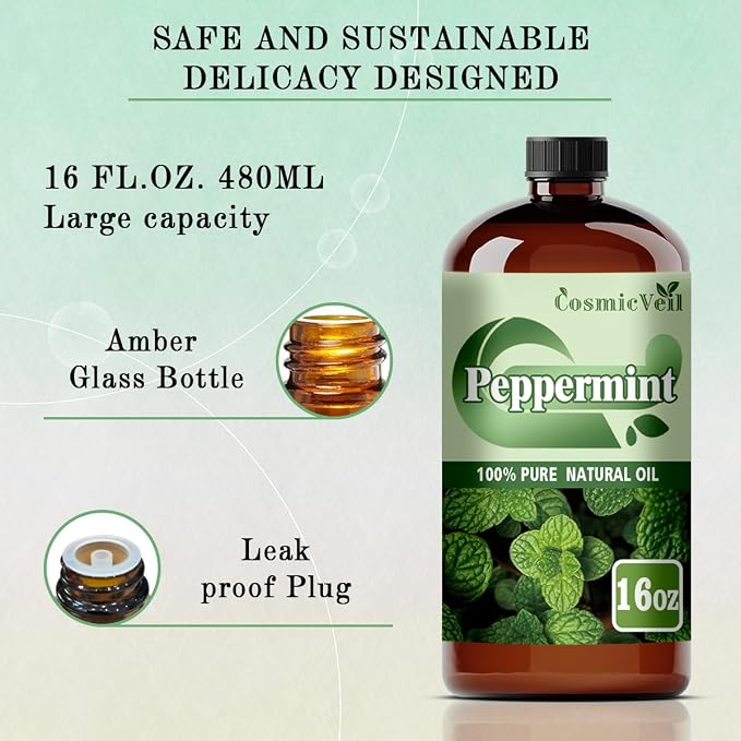 Peppermint Essential Oil Peppermint Oil for Aroma Diffuser,Humidifier,Home Fragrance,Cleaning,Body Care,Massage,Yoga,DIY Candle,DIY Soap CosmicVeil（Peppermint，16 Fl Oz (Pack of 1)）