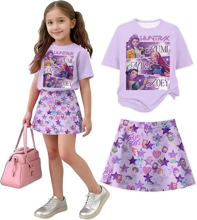 HTHLVMD K Pop Short Sleeve T-Shirt and Skirts Outfits Set for Girls Hunters Rumi Mira Zoey Graphic Tees De-Mon Costume