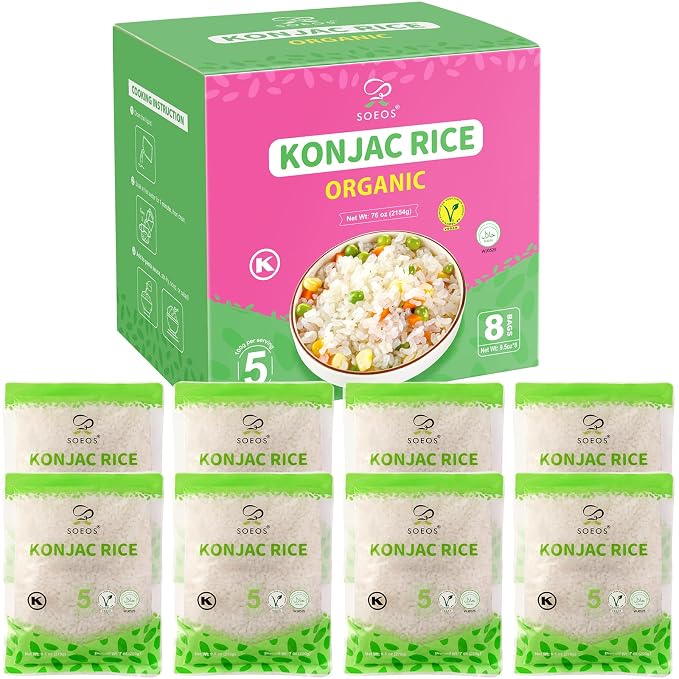 Soeos Organic Konjac Rice, 8 Packs, 9.5 oz Each Bag, Low Carb, Low Calorie Shirataki Rice, Gluten Free, Sugar Free, Vegan Friendly, Easy to Prepare, Perfect for Asian & Everyday Cooking, Total 76 Ounce
