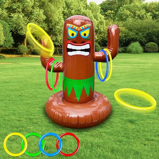 25" Inflatable Luau Tiki Pool Toss Games, Tiki Pool Ring Toss Toys with 4 Rings for Adults Indoor Outdoor Tropical Summer Swimming Inflatable Bean Bags Toss Hawaiian Luau Party Supplie