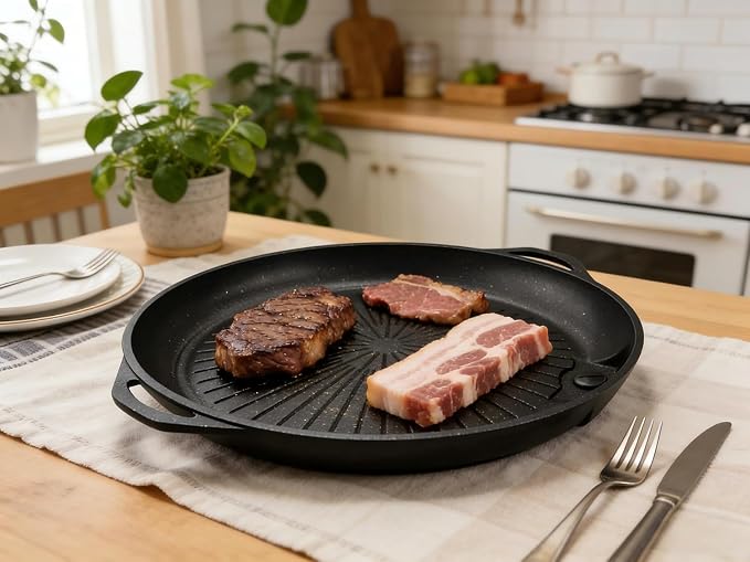 Korean BBQ Grill Pan with Maifan Stone Coated Surface, Non-Stick Smokeless Barbecue Plate for Indoor Outdoor Stovetop, Portable Double-Layered Thickened Grill Pan with Tilt Design & Oil Drain Control