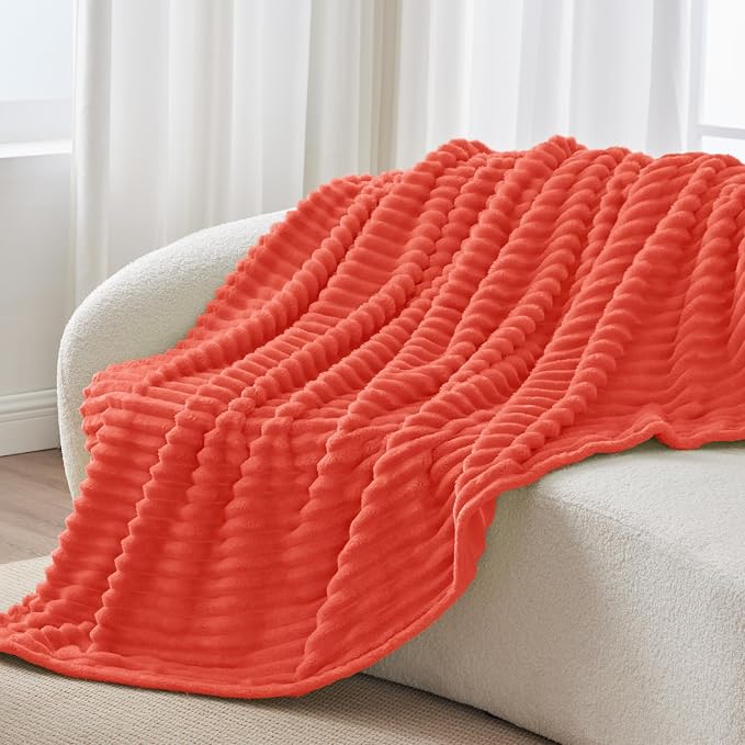 BEDELITE Ribbed Twin Blanket for Couch & Bed, Coral Red, 60"x80" | Ultra-Soft Plush Fleece, Cozy, Warm Yet Lightweight, Ribbed Texture, Home Decor, Machine Washable, Giftable, All-Season Use