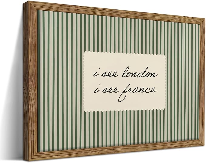 Vintage Quote Wall Art, I See London I See France Funny Bathroom Wall Decor Painting, Minimalist Green Striped Canvas Print Picture for Bathroom Bedroom Living Room 12x16 Inch Framed