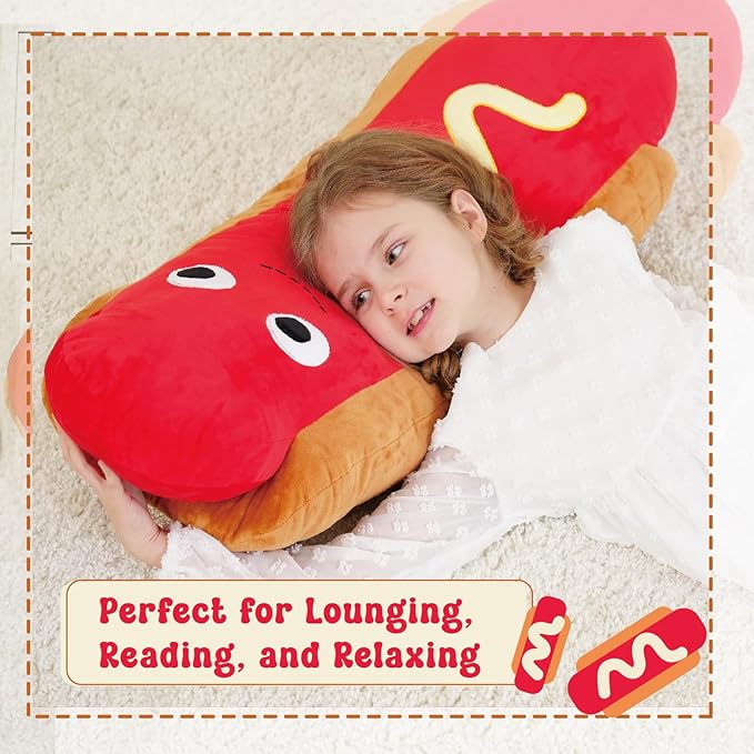 Giant Hot Dog Plush Pillow – 35 Inch Funny Food Plush Toy, Soft Stuffed Hot Dog Pillow, Oversized Hugging Cushion, Jumbo Plushie for Kids, Birthday