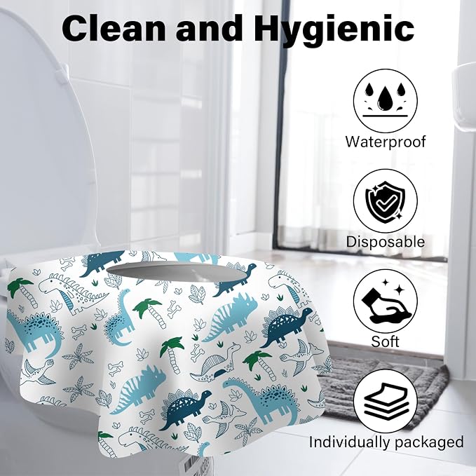 40 Pack Toilet Seat Covers Disposable for Kids Toddlers & Adults, Extra Large Waterproof Toilet Cover Individually Wrapped Travel Essential Portable Potty Training in Public Restrooms, Trip - Dinosaur