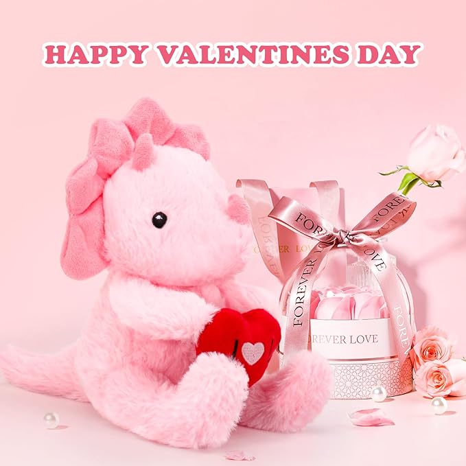 Valentine's Day Gifts for Kids, Pink Dinosaur Stuffed Animal with Heart, Cute Soft Triceratops Plush Gift for Him, Her, Boyfriend, Girlfriend, Families, Birthday Anniversary to Show Love