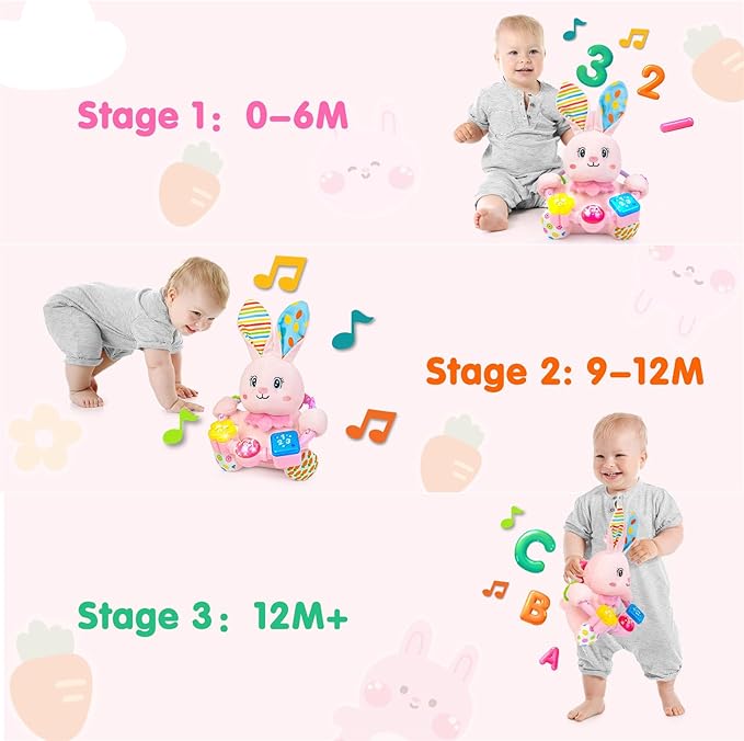 Baby Bilingual Musical Rabbit Stuffed Animals Toys,Infant Early Learning Toy with Light-Up Music & Crinkle,Tummy Time Toys for 0 3 6 9 12+ Months for Baby Boy Girl Gift,Pink