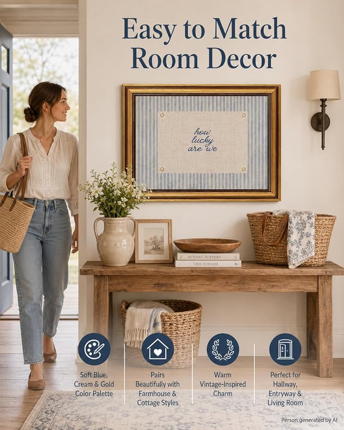 Vintage Gold Framed Wall Art, How Lucky Are We Quote Canvas, 12x16IN | Blue striped inspirational print with a rustic farmhouse look for bedrooms, living rooms, nurseries, dorms, or entryways.