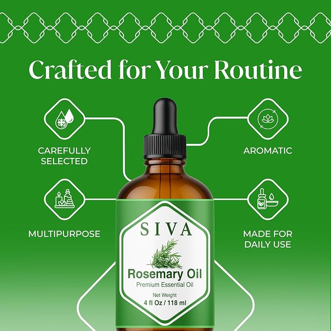Siva Rosemary Essential Oil 4 Fl Oz – for Diffuser, Skin & Hair Care – Ideal for Massage & DIY Blends- with Dropper