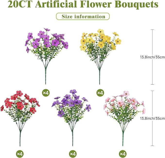 Alupssuc 20 Bundles Artificial Flowers for Outdoor Indoor Decoration | UV Resistant No Fade Fake Plants Eucalyptus, Colorful Faux Spring Flowers for Outside Yard Porch Patio Garden Home Window Box