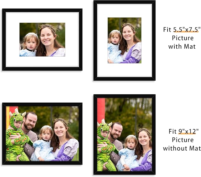 Picrit 9x12 Picture Frame Set of 12, Display 6x8 with Mat or 9x12 without Mat, Photo Frames for Wall Mounting or Table Top Display, Black