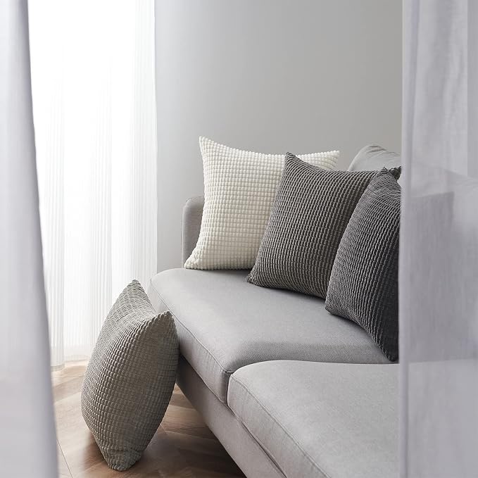 Topfinel Grey Couch Pillow Covers for Living Room 45x45 cm Set of 4,Mid Century Modern White Neutral Corduroy Corn Throw Pillows,Rustic Square Bench Chair Cushion(18 Inch/Grey)