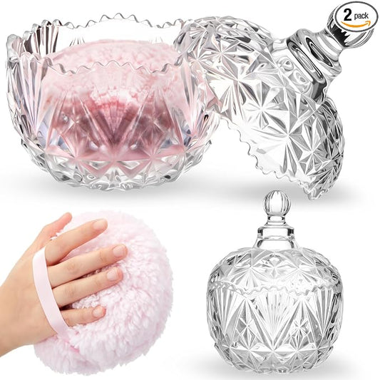 Tioncy 2 Pcs Extra Large Dusting Powder Puff and Container for Women-6'' Glass Crystal Dusting Powder Container with Body Soft Washable Reusable Velour Face(Clear,Crown)