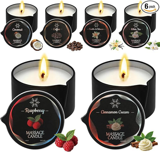 6 Pack Massage Oil Candles Set, Low Temp Soy Based Massage Candles for Massage Therapy, Relaxation & Skin Moisturizing, Assorted Scents for Home Spa Self Care