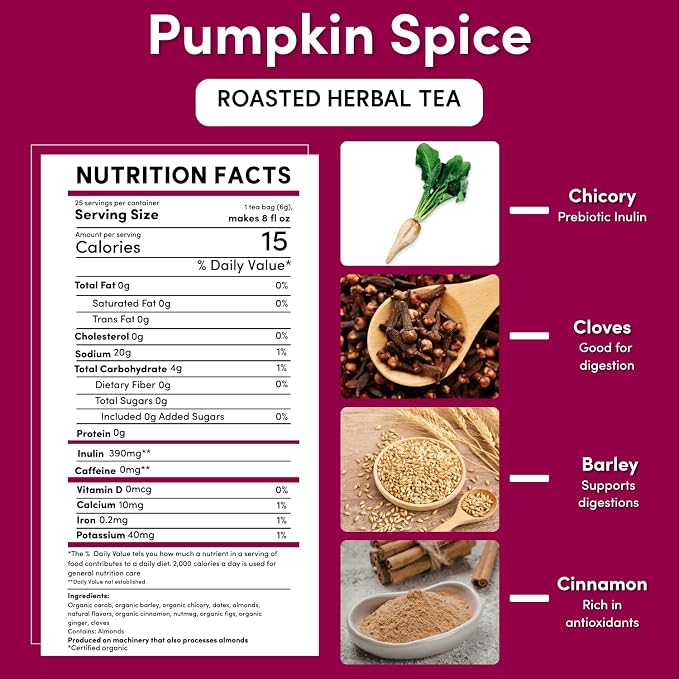 Teeccino Pumpkin Spice Herbal Tea - Rich & Roasted Autumn Harvest Tea That’s Caffeine Free & Prebiotic for Delicious Comfort, 25 Tea Bags