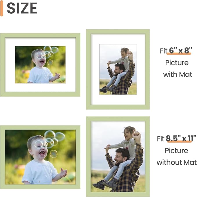 upsimples 8.5 By 11 Picture Frame, Display Pictures 6x8 with Mat or 8.5 x 11 Without, Wall Hanging Photo Frames, Green, 1 Pack