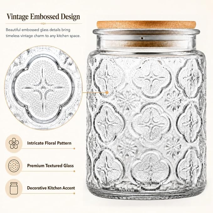 2 Pack Vintage Glass Jars with Lids, Airtight Coffee Storage Jars | Glass Food Storage Containers, Kitchen Canister Set for Coffee Tea Sugar Candy Cookie, Decorative Mason Jars, Cute Jars