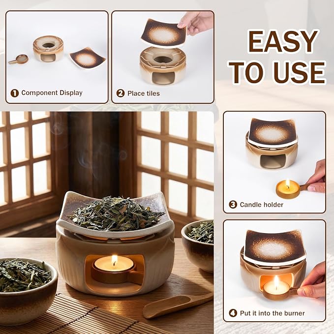Handmade Ceramic Aromatherapy Diffuser | Herb Burner & Candle Wax Warmer with Tealight Holder, Home Fragrance Accessories forRelaxation & Meditation（3.15*2.95*2.95）