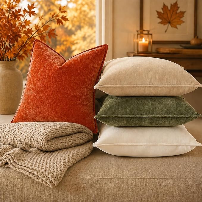 decorUhome Chenille Rust Velvet Throw Pillow Covers 26x26 Set of 2 | Fall Soft Euro Sham Couch Decorative Modern Farmhouse Pillow Cases with Elegant Design for Sofa Bed Living Room Home Decor