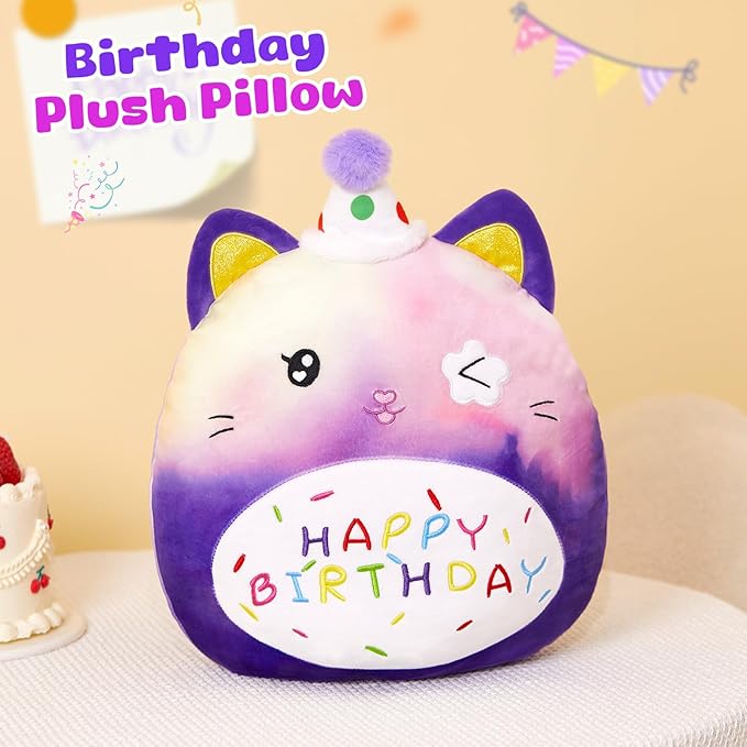 Athoinsu 12" Happy Birthday Cat Plush Pillow Cute Rainbow Stuffed Animal Soft Kawaii Birthday Plushie Star Wink Funny Pillows Home Room Decoration Gifts for Toddlers Kids Girls