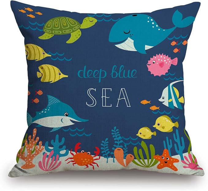 Cartoon Fish Whale Throw Pillow Cover 18 x 18 Inch, Cartoon Underwater Ocean Theme Sea Animal Nature Shark Turtle Decor Linen Cushion Cover for Sofa Couch Bed