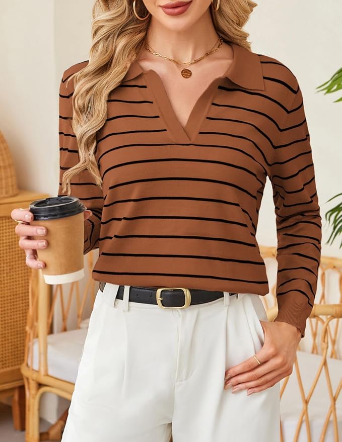Women's Long Sleeve Classic V Neck Casual Fall Winter Polo Sweater Tops | Basic Collared Knitted Fashion Work Business Formal Daily Wear Versatile Pullover Shirts