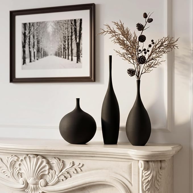 Black Ceramic Vases Set of 3, Modern Boho Vases for Centerpiece Decor, Matte Minimalist Decorative Vases for Home Decor, Living Room, Bookshelf, and Entryway Table Decor