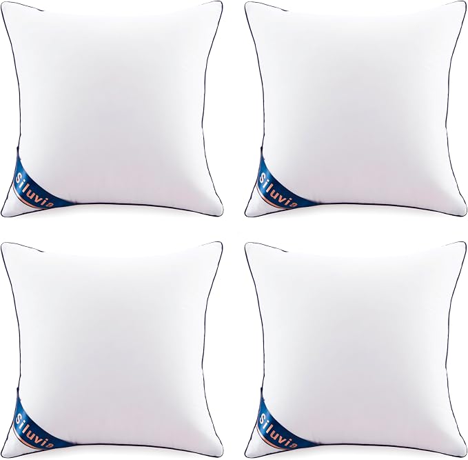 Siluvia 18x18 Down Alternative Pillow Insert 4 Pack, 100% Cotton Cover | 100% Premium Polyester Fill, Fluffy & Soft with Comfy Support - White Decorative Cushion Inserts for Couch, Sofa & Bed