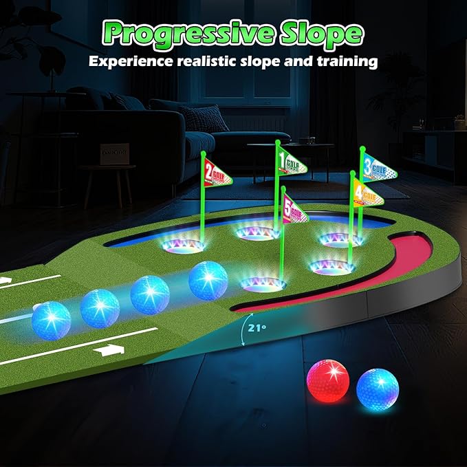 Golf Putting Mat with Light up Holes, Glowing Golf Balls, Practice Putting Green with 2 Clubs, Toy Golf set,Golfing Practice Mats,Training Mat Indoor Outdoor,Sport Game for Kids Adults Family