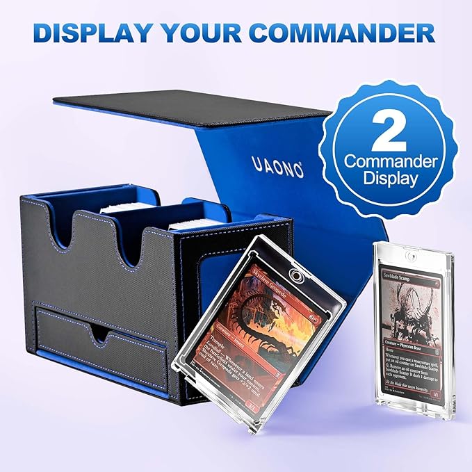 UAONO Card Deck Box for MTG, Double Deck Storage Box with 2 Commander Display & 1 Dice Tray, Fits 200+ Double Sleeved, Card Organizer for CCG TCG Sports (Black Blue)