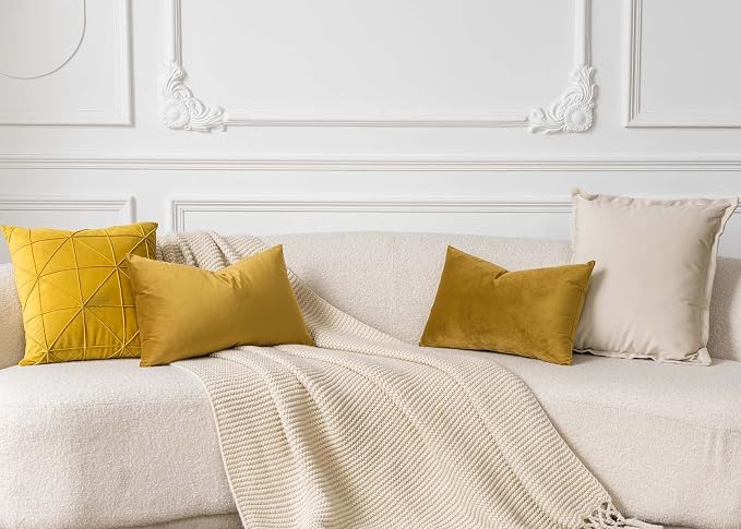 12x20 Decorative Lumbar Velvet Throw Pillow Covers Set of 2,Mustard Yellow | JUSPURBET Cozy Soft Velvet Pillowcases with Invisible Zipper for Modern Couch Sofa Bed Living Room Bedroom Home Decor