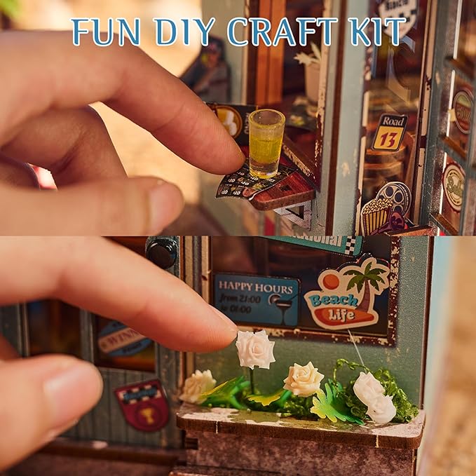 Foyucool DIY Book Nook Kit, Miniature Dollhouse Bookshelf Insert with Light, Laser-Cut Wooden Craft Set for Adults, Perfect for Teens and Adults, Beach Bar
