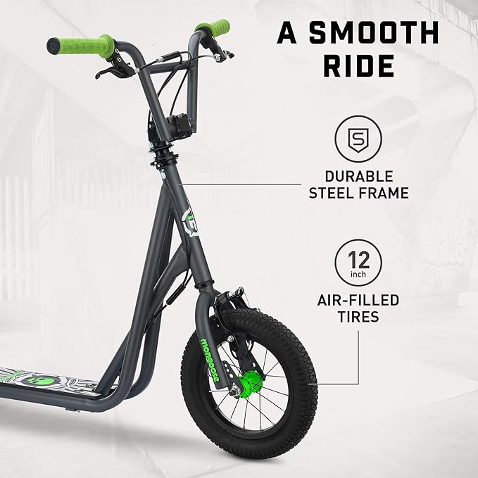 Mongoose Expo Kick Scooter, BMX-Style Handlebar & Brake Cable Rotor, Wide Foot Deck for Kids Youth Boys Girls Ages 6 and Up, Rear Axle Pegs, 12-Inch Air Tires, and Max. Weight of 175 lbs.