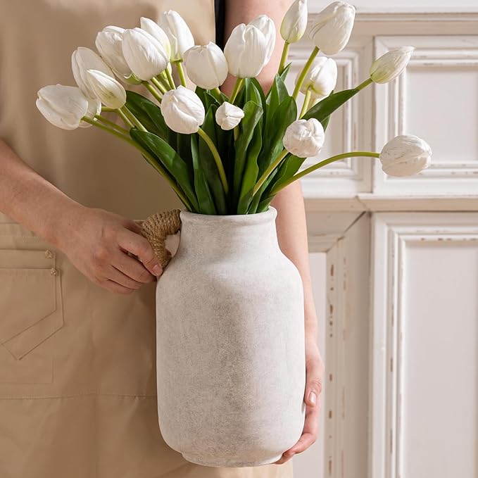 Vanselia Ceramic Flower Vase Home Table Decor Living Room Farmhouse 10.6 in | Large Tall White Rustic Decorative Flowers Vases Plant Modern Decoration for Kitchen Shelf Coffee Dining Centerpieces Desk