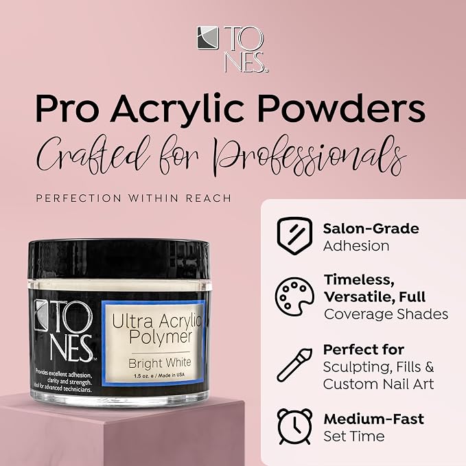 Tones Pro Acrylic Nail Powder, Sparkling Bright White (White with Sparkles), (3.5 Fl Oz) - Long-Lasting & Non-Yellowing Polymer for Salon Quality Nail Extensions & 3D Art