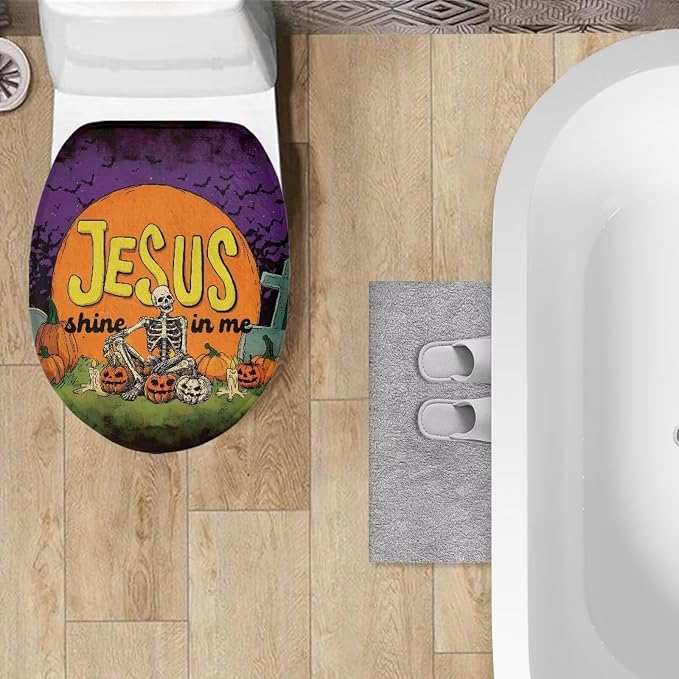 Jesus Pumpkin Skeleton Toilet Lid Cover Elongated for Halloween Decor Bathroom Decoration Accessories Machine Washable Dustproof Toilet Seat Cover for All Saints' Day