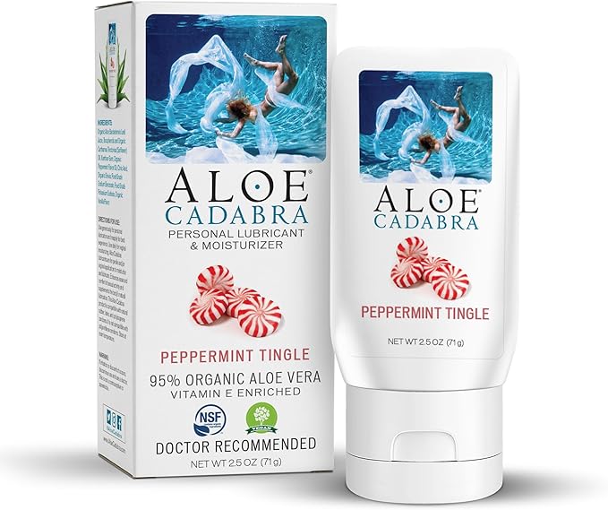 Aloe Cadabra Flavored Personal Lubricant & Vaginal Moisturizer, NSF Certified Organic Edible Aloe Lube for Men, Women & Couples, Non-Staining, pH Balanced, Toy Compatible (Peppermint, 2.5 Ounces)