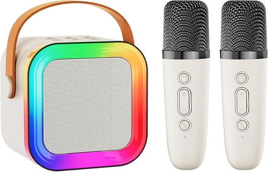 Mini Karaoke Machine Speaker for Kids Adults,Portable Bluetooth with 2 Wireless Microphones,Christmas Birthday Gifts Toys Girls Boys Ages 4, 5, 6,7, 8,9,10,11,12+ Years Old Toddler (Off-White - 2 Mic)