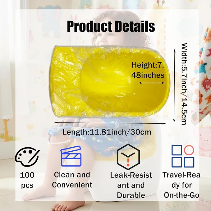 100Pcs Potty Liners - Disposable Potty Training Liners Bags for Portable Travel Toilet Seat Covers For Toddlers Kids (Clear Elastic)