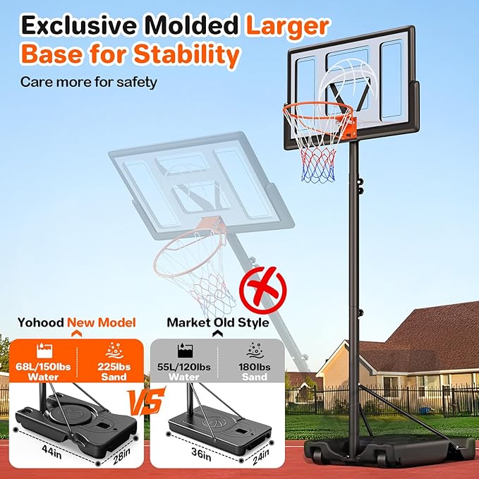 Yohood Basketball Hoop Outdoor 10ft Adjustable, Portable Basketball Hoop Goal System for Kids Youth and Adults in Backyard/Driveway/Indoor, 44 Inch Shatterproof Backboard and Larger Base