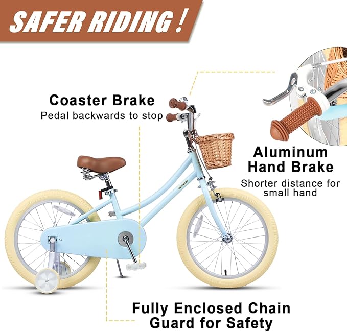 Petimini Vintage Kids Bike for Girls, 12–20 Inch Classic Bicycle with Wicker Basket & Bell, High Tensile Steel Frame, Training Wheels (12–18”), 85% Pre-Assembled, Retro Bike for Outdoor Riding
